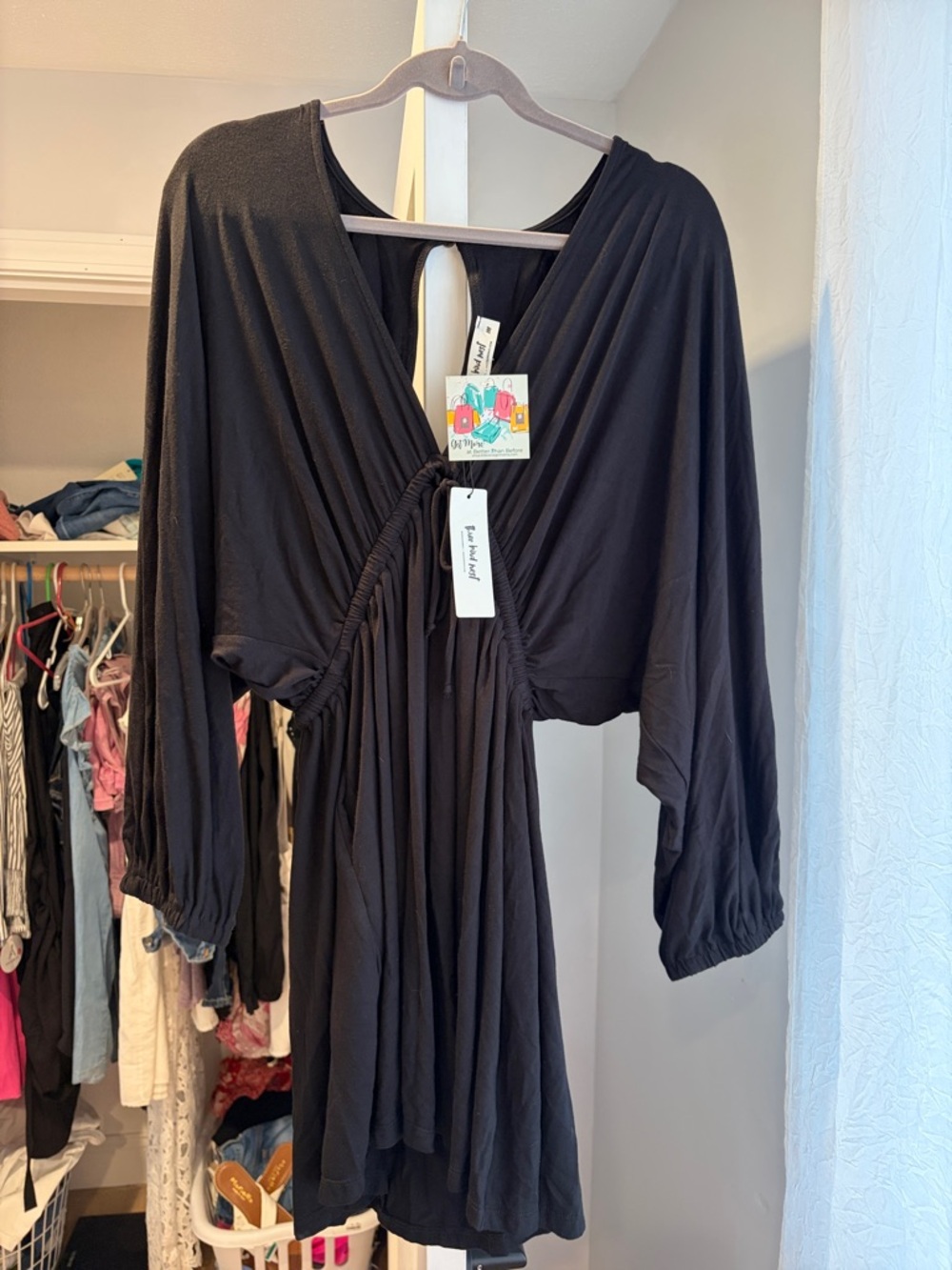 Three Bird Nest Black V-Neck Long Sleeve Mini Dress